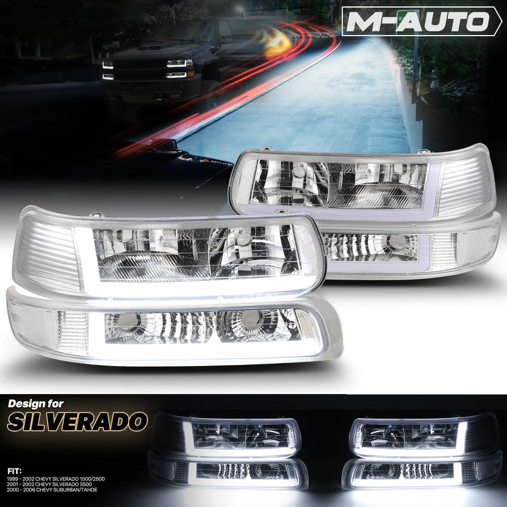 Headlights Assembly with LED Tube DRL for Chevy Silverado Suburban Tahoe Truck R104623