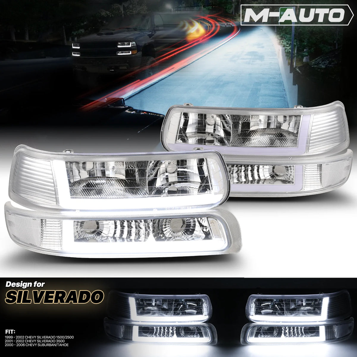 Headlights Assembly with LED Tube DRL for Chevy Silverado Suburban Tahoe Truck R104623