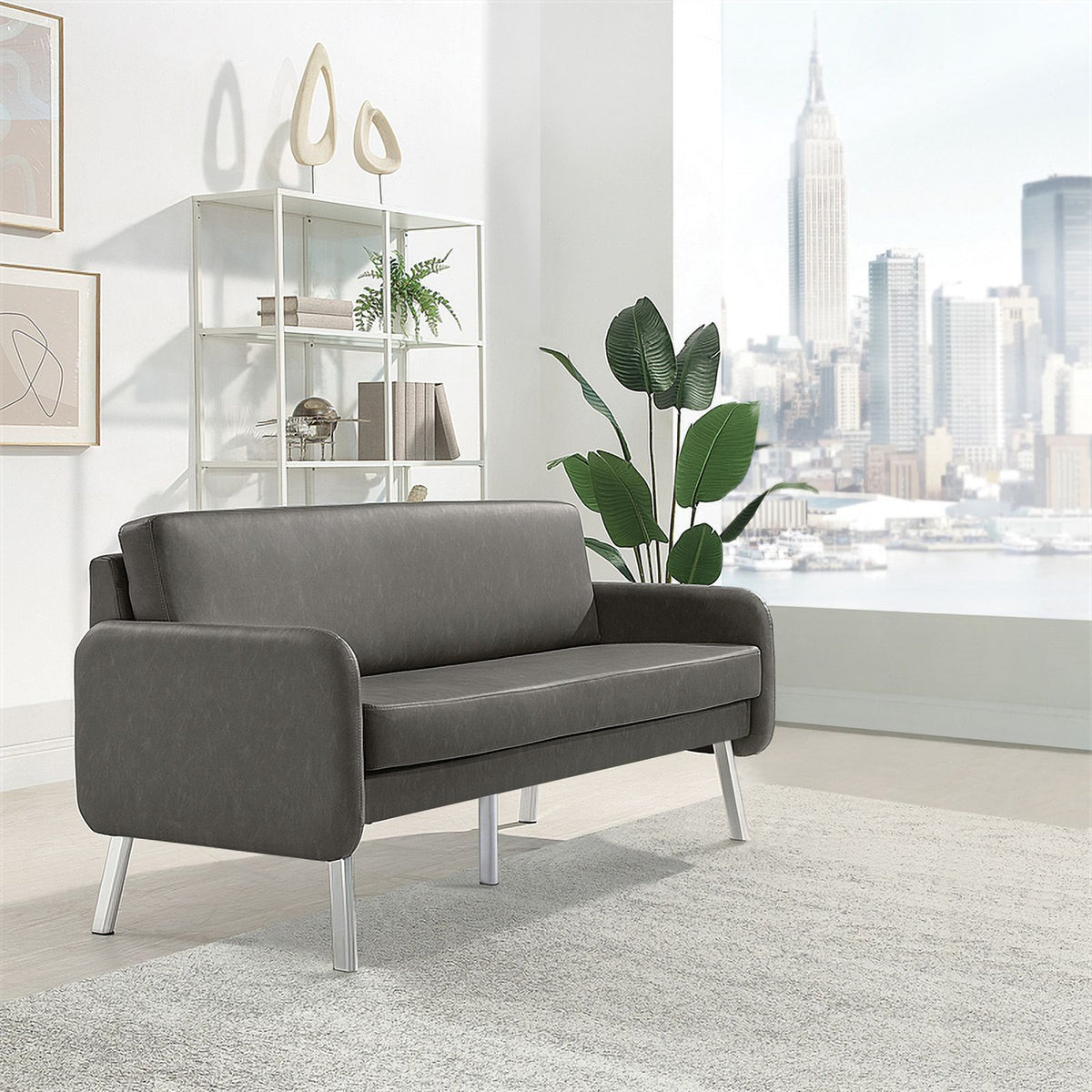 Smoke Faux Leather Lounge Sofa with Chrome Legs X6571