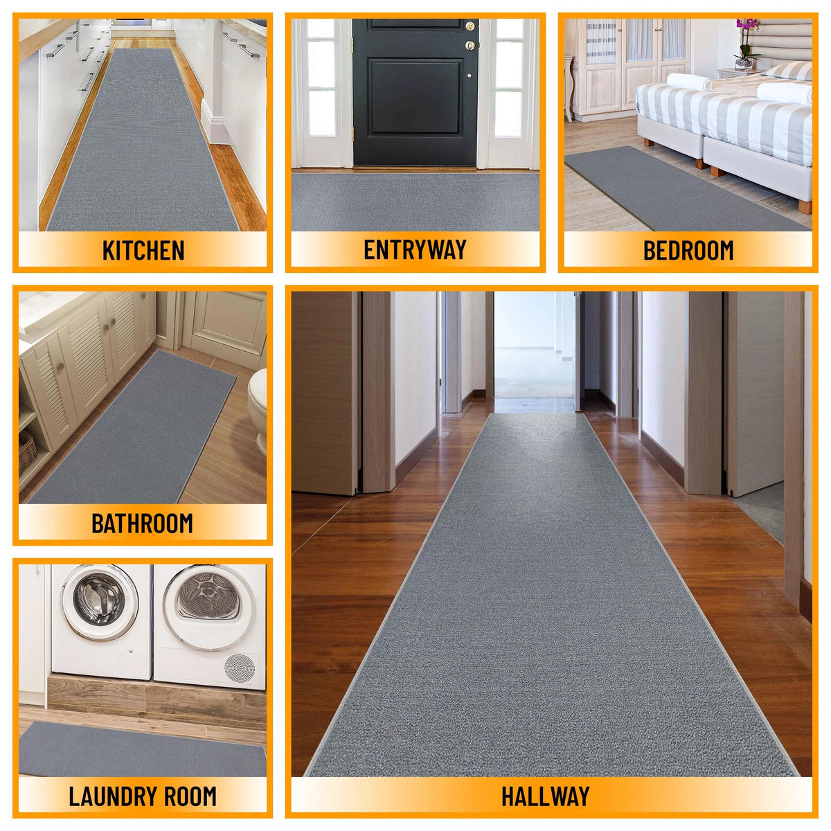Machine Washable Non-Slip Rubberback Solid Gray Runner Rug G270