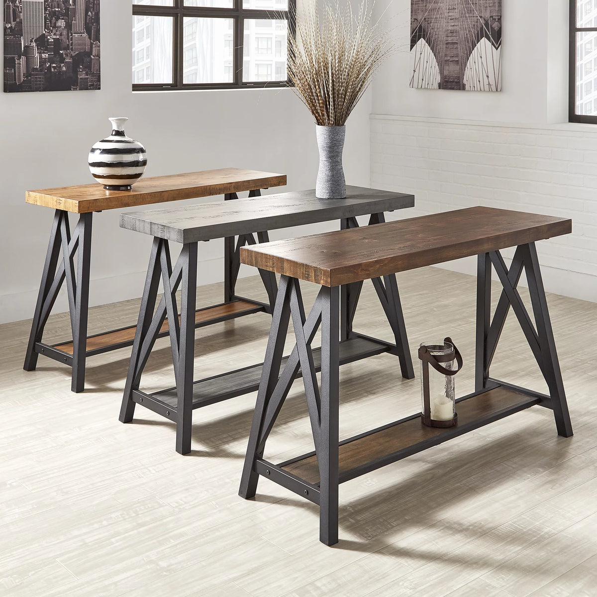 Rustic X Base Wood Console Table with Shelf A701215