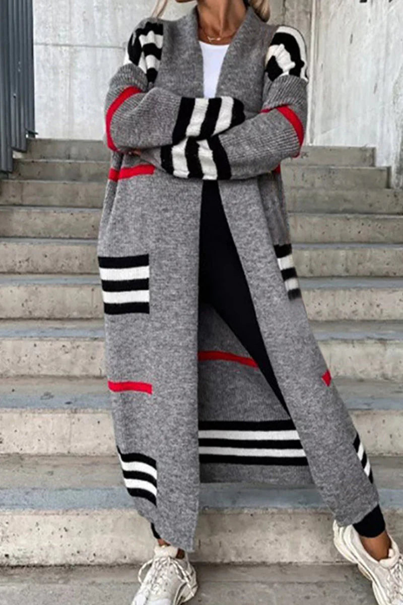 Striped Patchwork V Neck Outerwear M567130