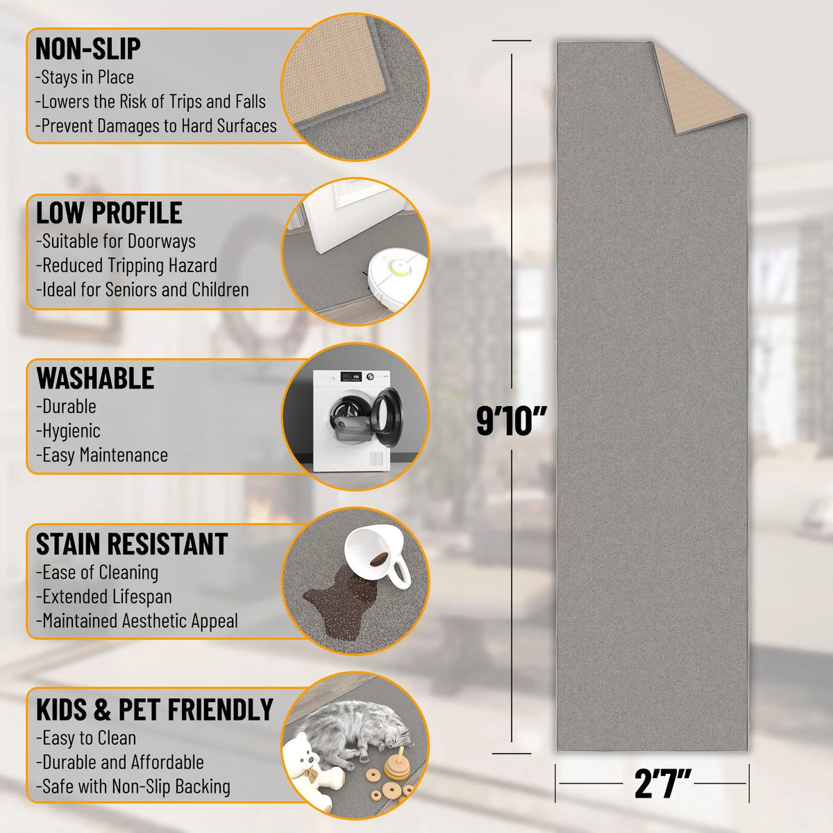 Machine Washable Non-Slip Rubberback Solid Gray Runner Rug G270