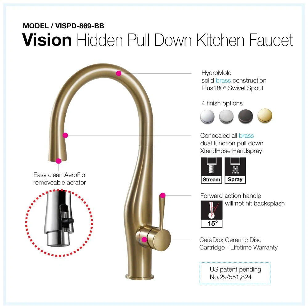 Brushed Brass Hidden Pull Down Kitchen Faucet D444613