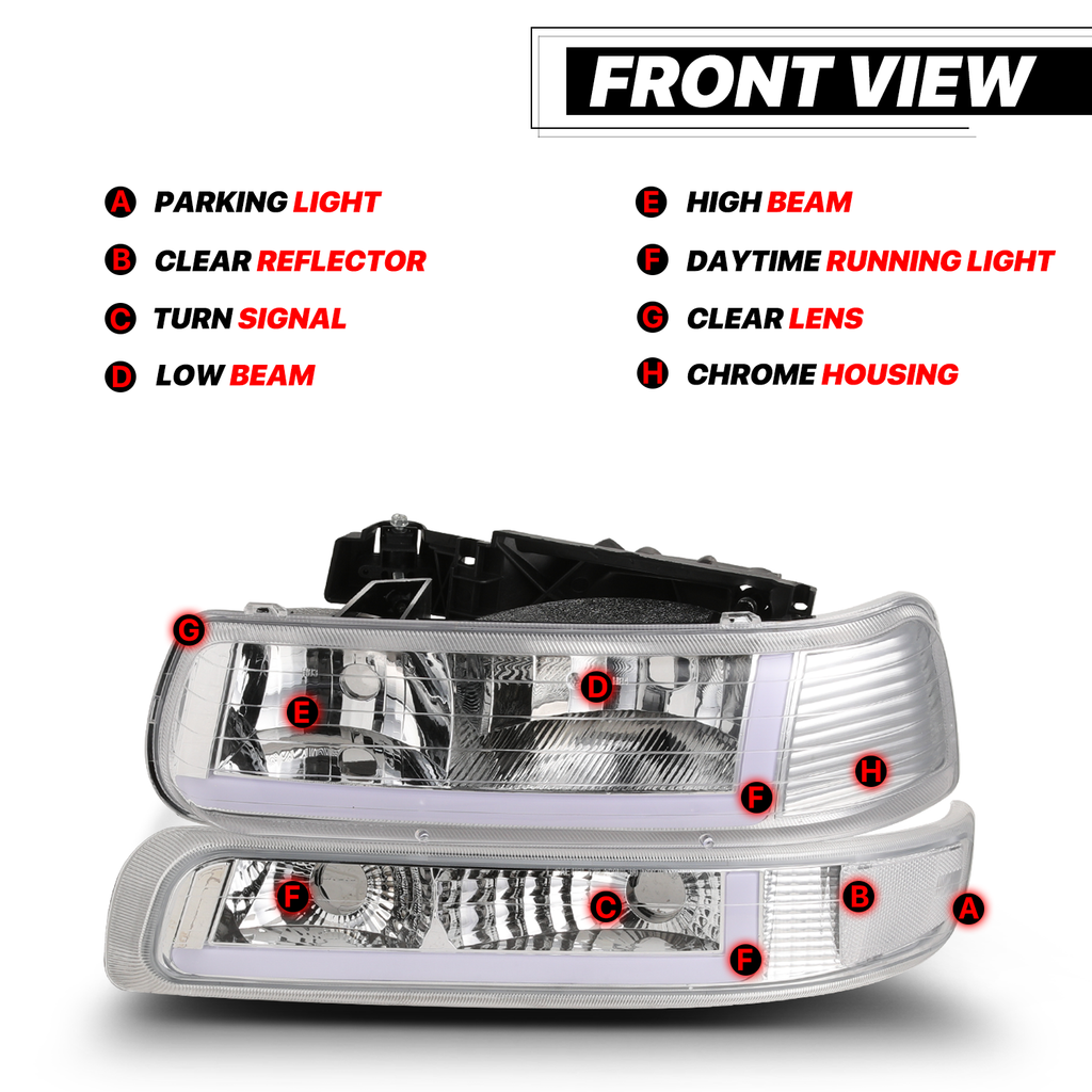 Headlights Assembly with LED Tube DRL for Chevy Silverado Suburban Tahoe Truck R104623
