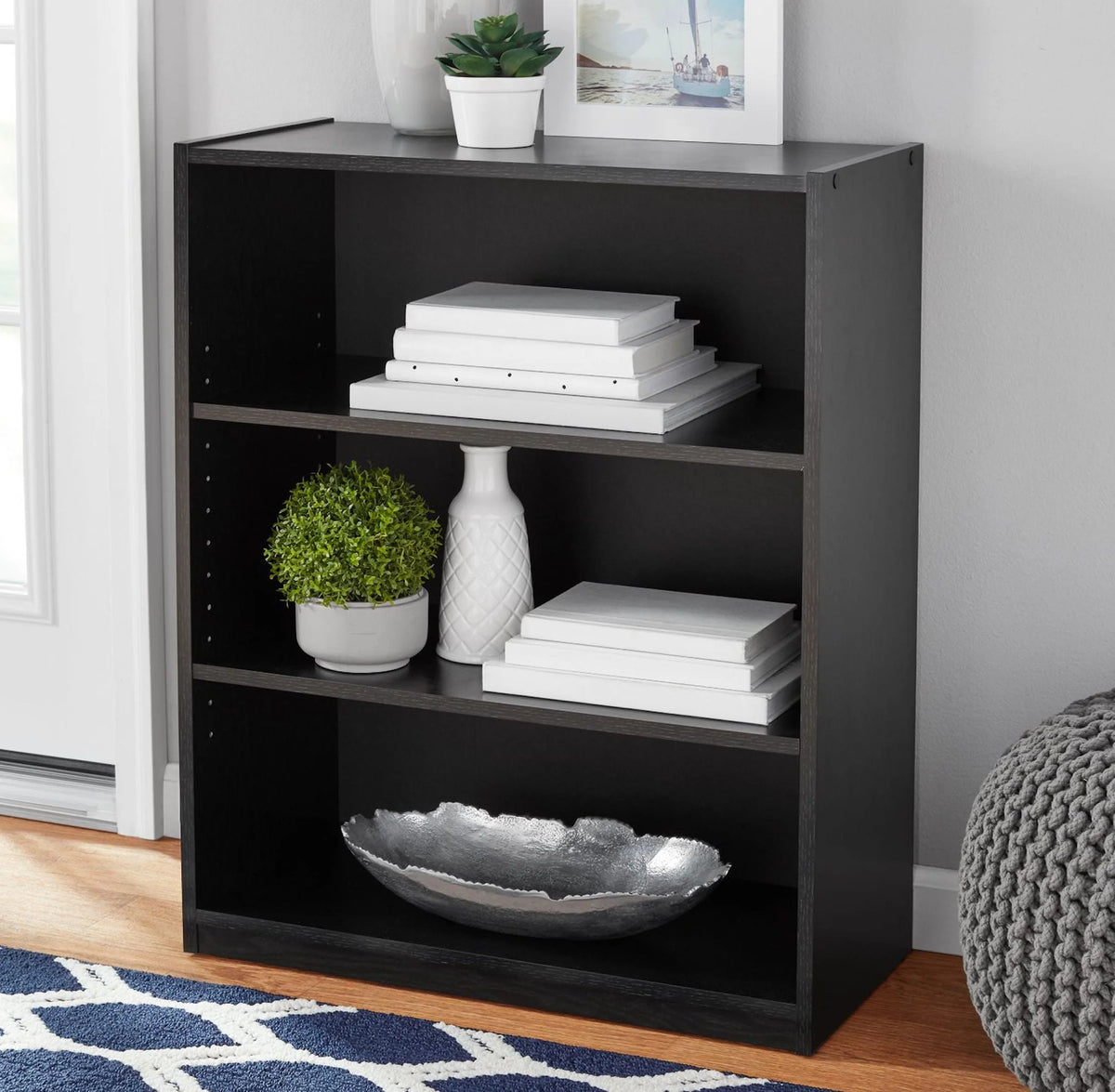 White 3-Shelf Bookcase with Adjustable Shelves D246481
