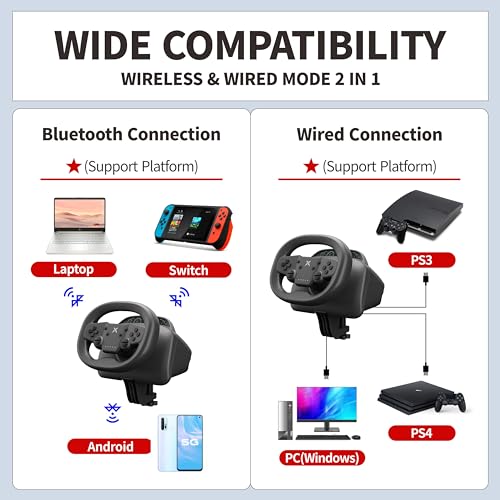 270 Degree Wireless Gaming Steering Wheel with Dual-Vibration Motors (black) Q674