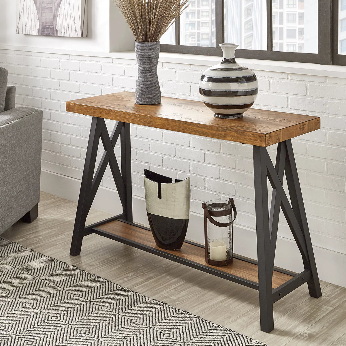 Rustic X Base Wood Console Table with Shelf A701215