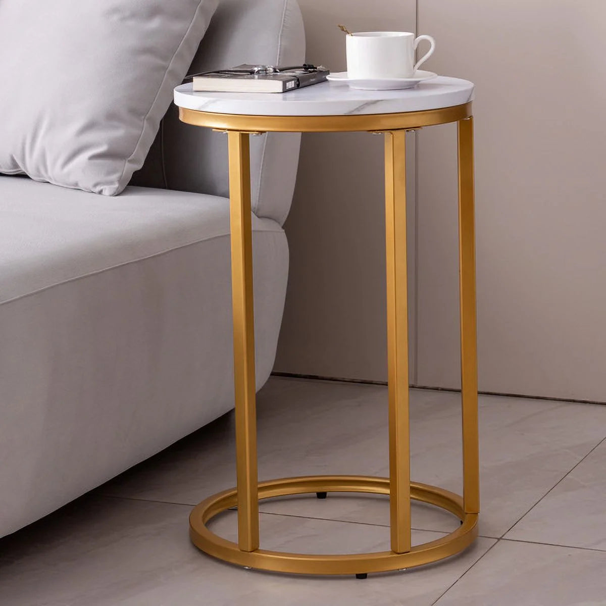 C-shaped Side Table with Metal Frame and Round Top E9035