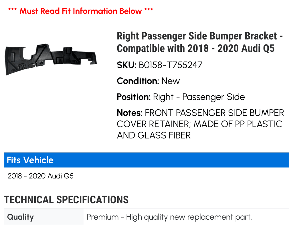 Right Passenger Side Bumper Bracket for 2018-2020 Audi Q5 M6368