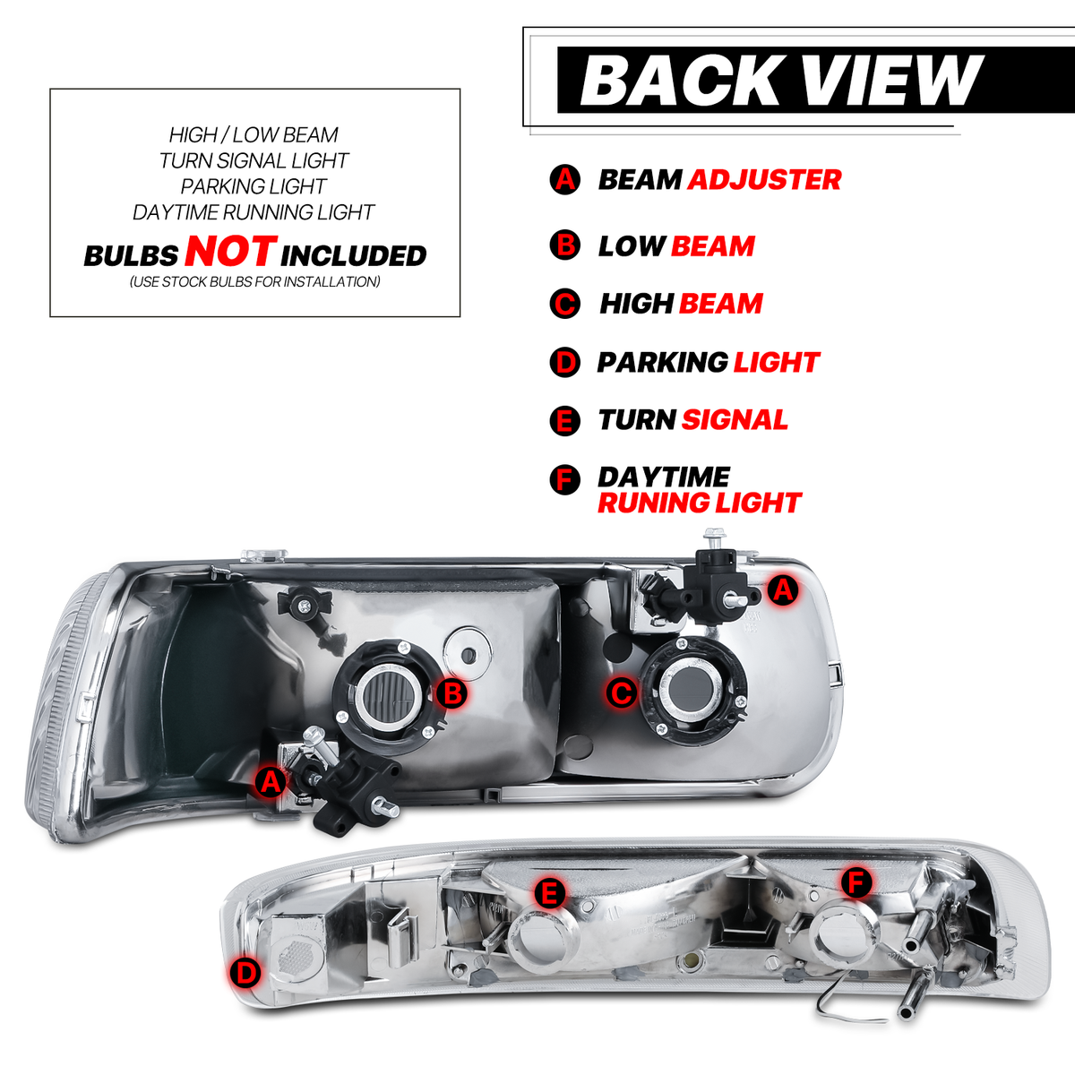 Headlights Assembly with LED Tube DRL for Chevy Silverado Suburban Tahoe Truck R104623