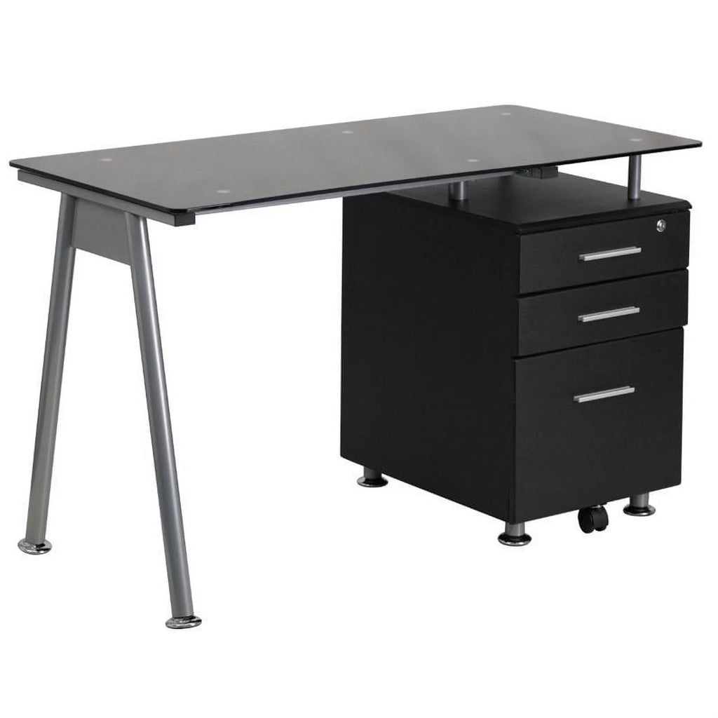 Black 3 Drawer Glass Top Desk J660