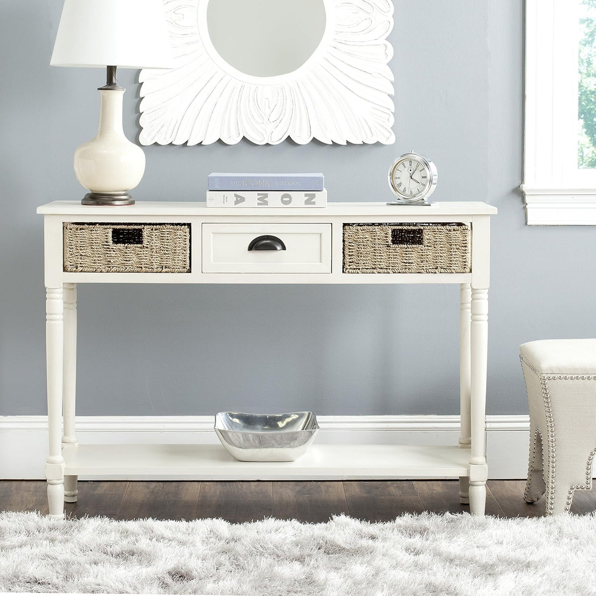Grey Wicker Console Table with Storage S906